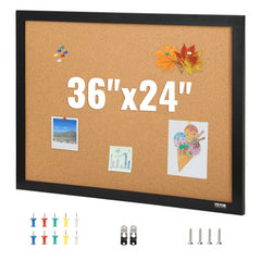 A 36x24 inch cork board with a black MDF frame, suitable for office or home use.