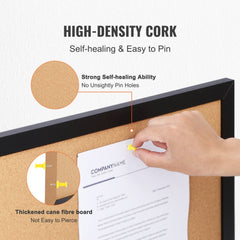 A 36x24 inch cork board with a sleek black MDF frame for office or home organization.