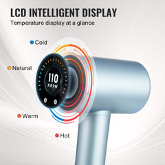 High-speed ionic hair dryer with LCD display, 105,000RPM motor, and lightweight design.