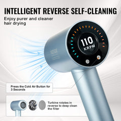 High-speed ionic hair dryer with LCD display, lightweight design, and multiple heat settings.