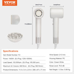 High-speed hair dryer with a brushless motor, multiple settings, and lightweight design.