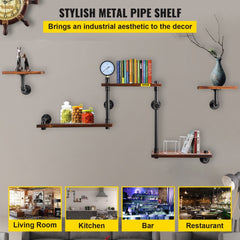 5-tier wall-mounted shelving unit made of wood and steel in an industrial style.