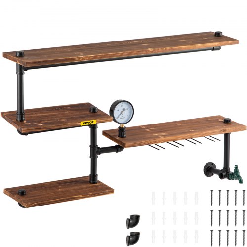 4-tier wall shelf made of steel pipes and solid wood planks in an industrial design.