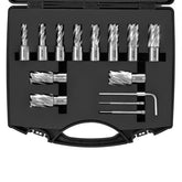A 13-piece Bostome annular cutter set with various drill bits and accessories in a black case.