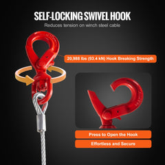 Red self-locking swivel hook for winch steel cable with 20,968 lbs breaking strength.
