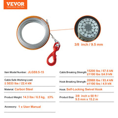 Galvanized steel winch cable, 3/8 inch by 50 feet, with 15,200 lbs breaking strength and self-locking hook.