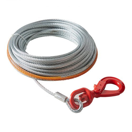 Galvanized steel winch cable, 3/8 inch by 75 feet, with red swivel hook.