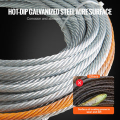 Galvanized steel winch cable, 3/8 inch by 75 feet, coiled with orange marker.