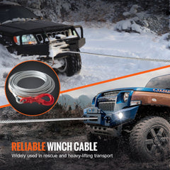Galvanized steel winch cable, 3/8 inch by 75 feet, with hook, shown on off-road vehicles.