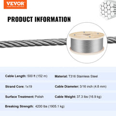 Bostome 316 stainless steel wire rope, 3/16" thick, 500ft long, with polished surface finish.