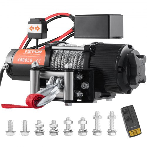Bostome 12V electric winch with steel rope, waterproof design, and wired remote control.