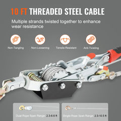 4-ton come along winch with 10 ft threaded steel cable and 3 hooks.