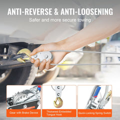 Bostome 5 ton come along winch with 11.5 ft steel cable and 3 hooks, showing anti-reverse features.