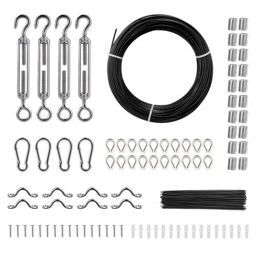 Bostome 164ft black vinyl coated stainless steel wire rope kit with turnbuckles, hooks, thimbles, and hardware.