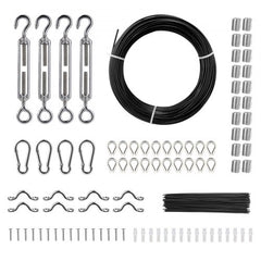 Bostome 164ft black vinyl coated stainless steel wire rope kit with turnbuckles, hooks, thimbles, and hardware.