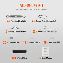 Black vinyl coated steel wire rope kit with hooks, handles, sleeves, screws, and manual.