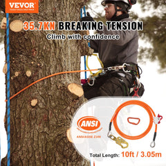 Bostome 10ft tree climbing rope with steel core, snap hook, and tool lanyard for safety.