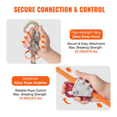 Bostome 10ft tree climbing rope with steel core, snap hook, and tool lanyard for safety.