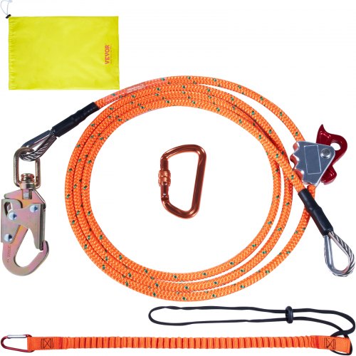 Bostome 8ft steel core flipline with 1/2" diameter rope and steel snap hook for tree climbing.