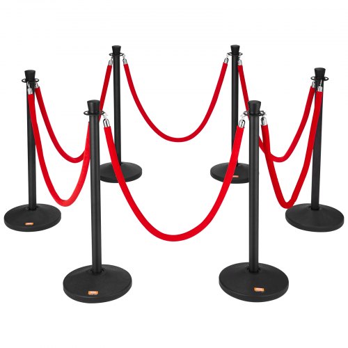 Red velvet ropes attached to six carbon steel stanchion posts with fillable bases.