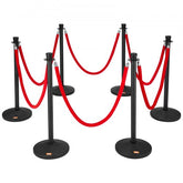 Red velvet ropes attached to six carbon steel stanchion posts with fillable bases.