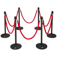 Red velvet ropes attached to six carbon steel stanchion posts with fillable bases.