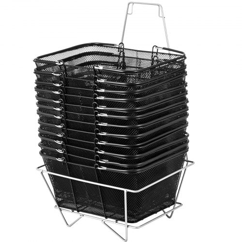 Black metal wire shopping baskets with handles and a stand, designed for organization.