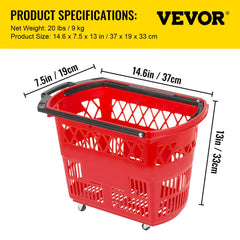 Six red plastic rolling shopping baskets with wheels and black handles.