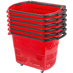 Stack of six red plastic rolling shopping baskets with black handles and wheels.