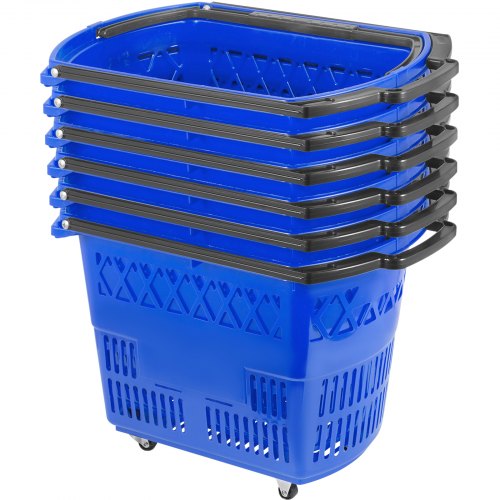 Blue rolling shopping baskets with wheels, handles, and durable PP material in a 6-pack.
