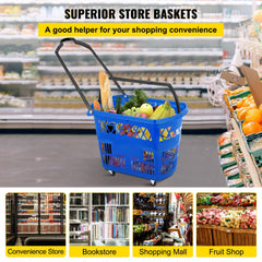Blue rolling shopping baskets with wheels and handles, designed for easy transport and mobility.