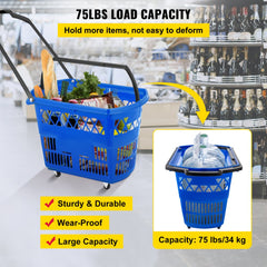 Blue rolling shopping baskets with wheels and handles, designed for easy transport and heavy loads.