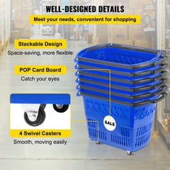 Bostome 6-pack of blue rolling shopping baskets with wheels and foldable handles.
