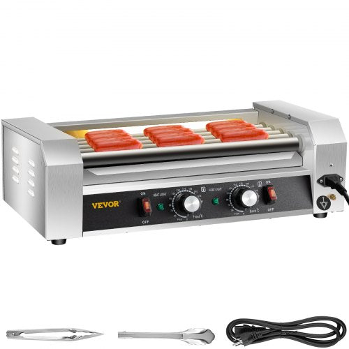 Stainless steel roller grill with 12 hot dogs on rollers, dual temperature controls, and power cord.