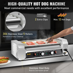Stainless steel roller grill with 5 rollers for up to 12 hot dogs and dual temperature controls.