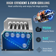 Stainless steel roller grill with six rollers for 12 hot dogs, 750W power, and dual temp controls.