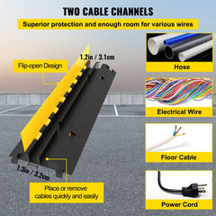 Yellow and black rubber cable protector ramp with two channels and flip-open lids.