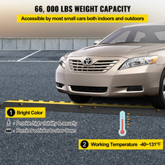 A yellow rubber cable protector ramp with 66,000 lbs capacity, dual channels, and modular design for vehicle safety.