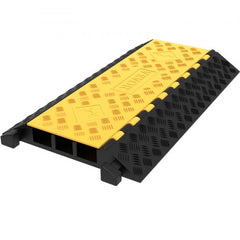Yellow and black 3-channel rubber cable protector ramp with diamond texture and 44,000 lbs capacity.