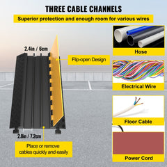 Black rubber cable protector ramp with three channels for wires and hoses, 2.4-inch wide, flip-open design.