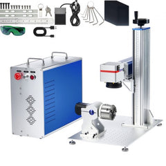 Bostome 100W fiber laser marking machine with rotary axis, blue power unit, stand, and accessories.