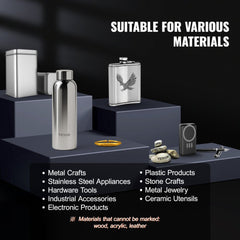 Bostome 100W fiber laser marking machine with rotary axis on a display stand.