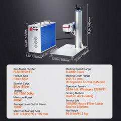 Blue 100W fiber laser marking machine with rotary axis, 6.9x6.9 inch marking area, and air cooling.