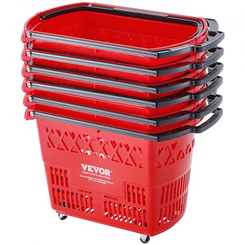 Set of six red 39L plastic rolling shopping trolley baskets with black handles and wheels.