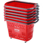 Set of six red 39L plastic rolling shopping trolley baskets with black handles and wheels.