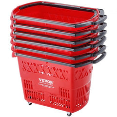 Set of six red 39L plastic rolling shopping trolley baskets with black handles and wheels.