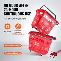 Red 39L plastic rolling shopping trolley basket with wheels and handles, shown stacked.