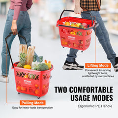 Red plastic rolling shopping trolley basket with ergonomic handle and wheels carrying groceries.