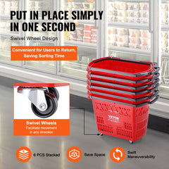 Set of six red plastic rolling shopping trolley baskets with swivel wheels and handles.
