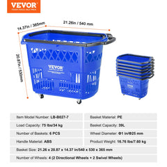 Six durable 39L rolling shopping baskets with ergonomic handles and swivel wheels.